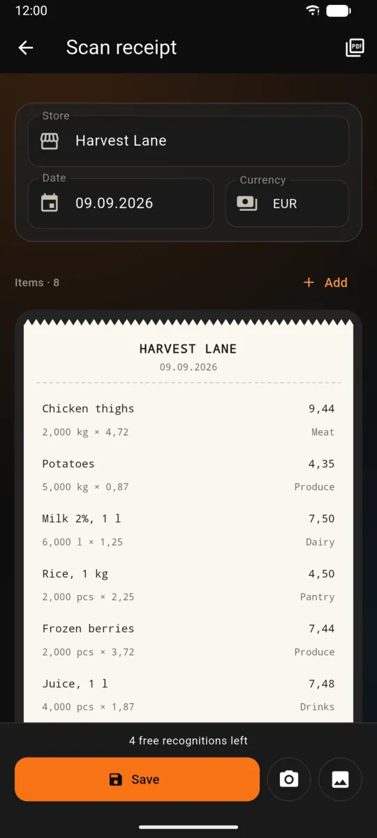 Receipt items recognised in Traty: each line with name, quantity, price and category